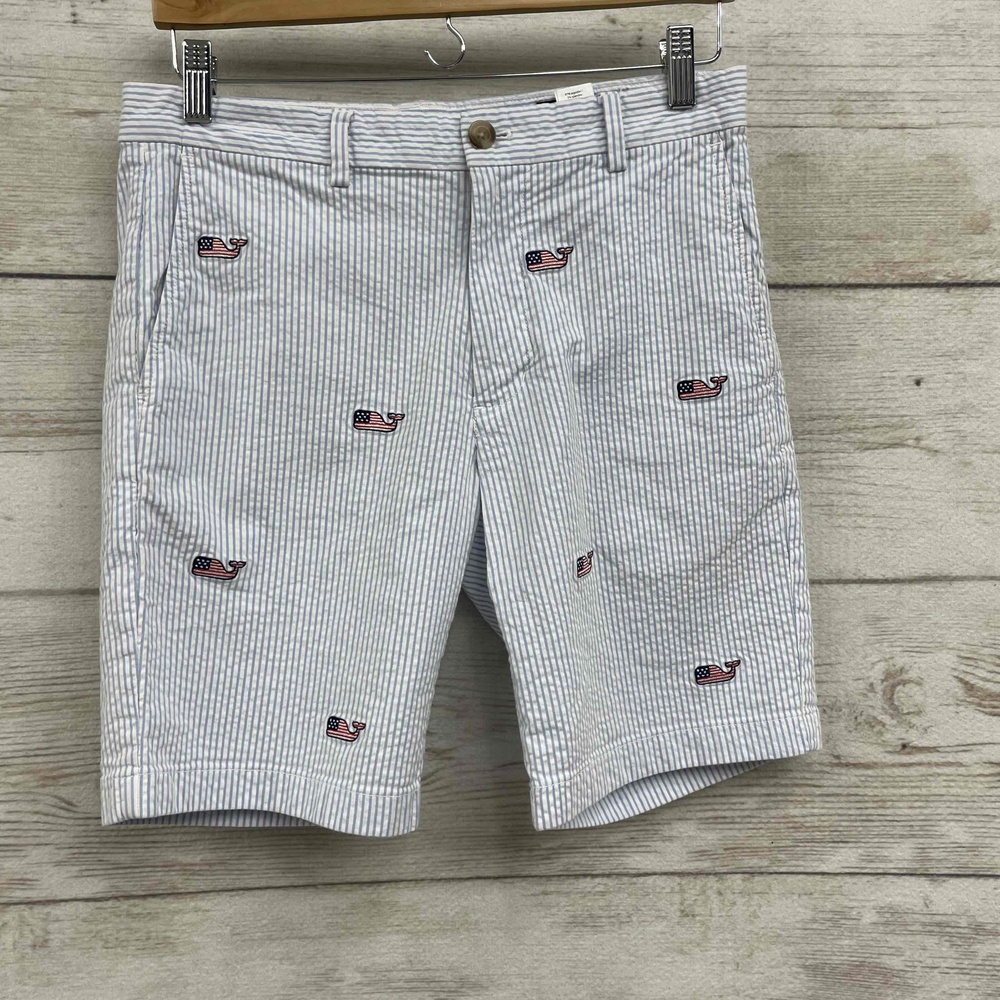 Vineyard Vines Flag Whale patriotic Embroidered‎ Seersucker Breaker Short Men 30